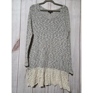 Cal Style USA Womens Large Grey Marled Knit Lace Hem Long Sleeve Tunic Sweater